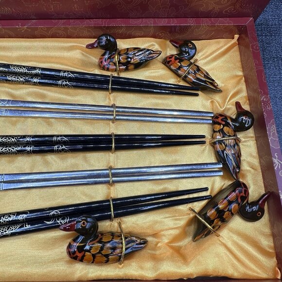 Vintage Chinese Chopsticks Set 5 Pairs w/ Duck Holders Wood & Metal Gift Box - Picture 2 of 9